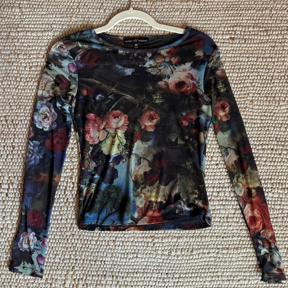 Y2K Almost Famous Dark Floral Mesh Long Sleeve Top M Whimsigoth Fairy Grunge
